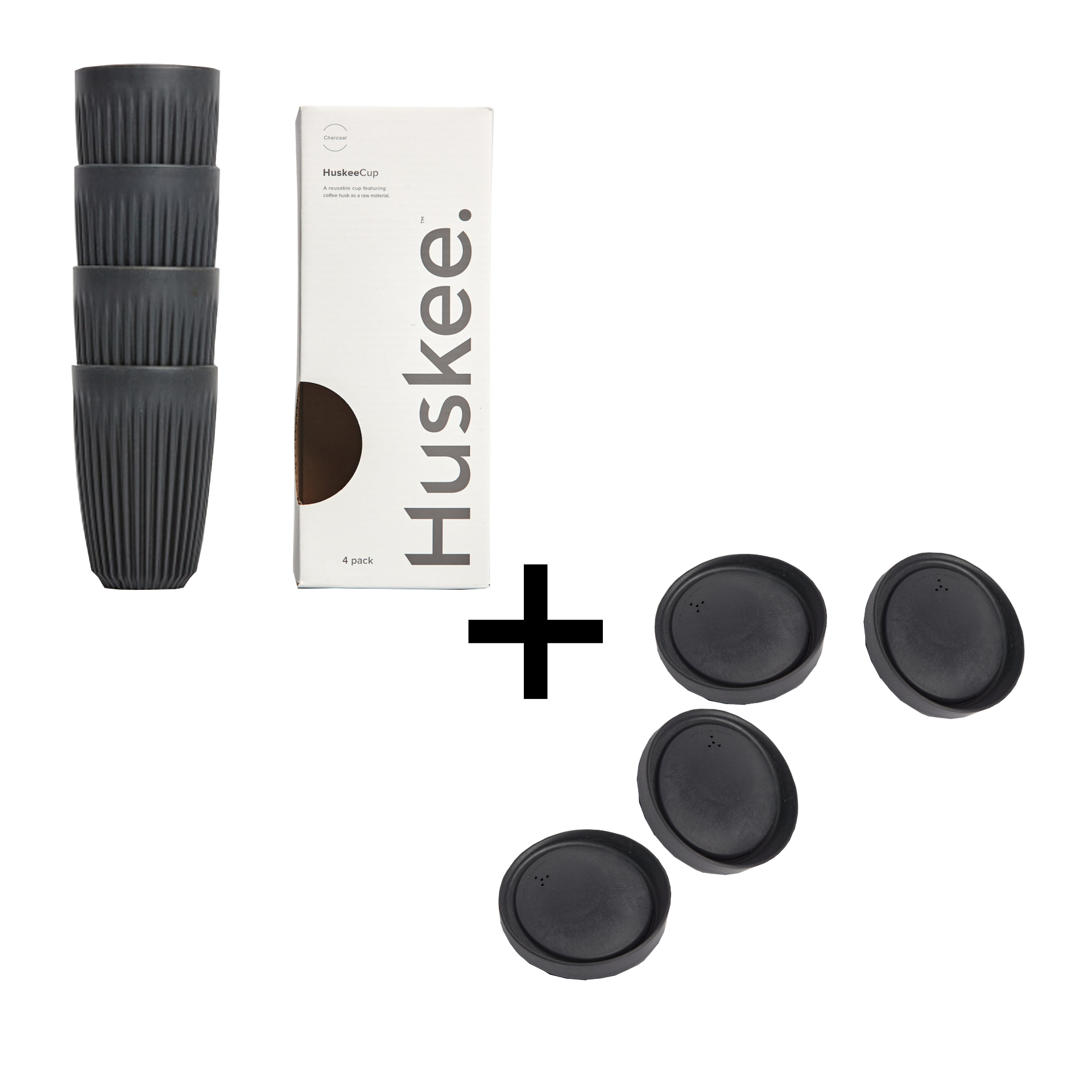 HuskeeCup Charcoal m/ låg (12oz / 355ml) (Pakke á 4 stk.)